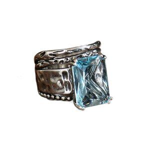 Art Deco-inspired,  hammered/textured Sterling Silver Plated Aquamarine CZ chunk